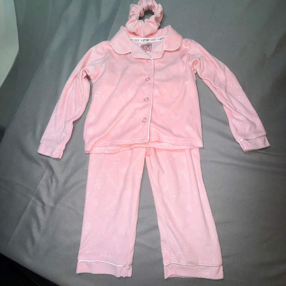 Lets Get Cozy Pink Candy Cane Pajama Set Kids Size 2T Fleece Sleepwear‎